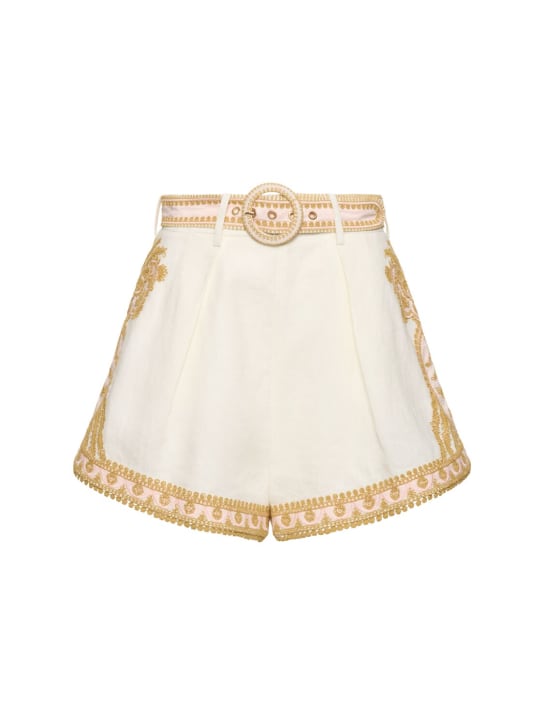 Zimmermann: Waverly linen embroidered tuck shorts - Krem/Altın - women_0 | Luisa Via Roma