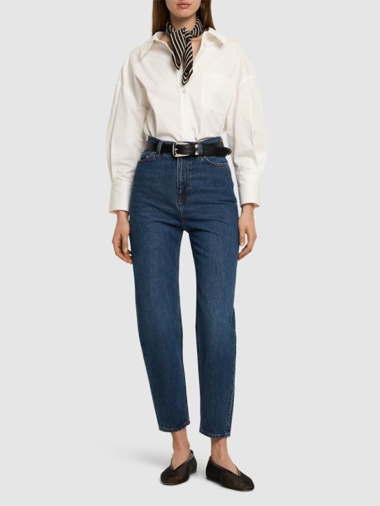 Toteme: High rise tapered organic cotton jeans - Mavi - women_1 | Luisa Via Roma