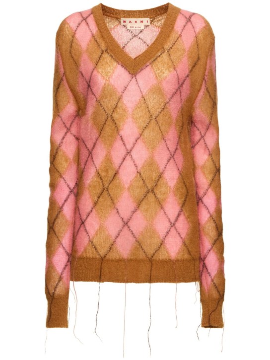 Marni: Mohair blend intarsia v neck sweater - Brown/Pink - women_0 | Luisa Via Roma