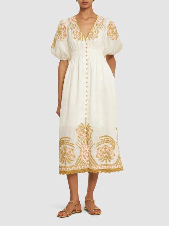 Zimmermann: Waverly linen embroidered long dress - Krem/Altın - women_1 | Luisa Via Roma