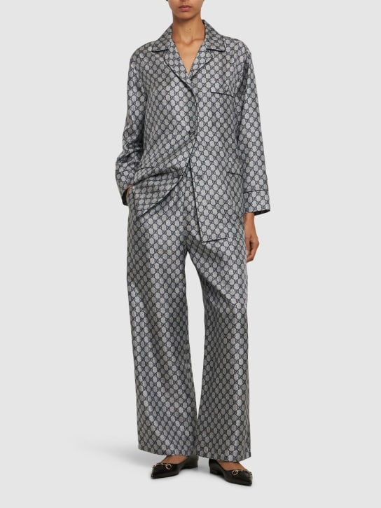 Gucci: GG Supreme silk pants - 블루/화이트 - women_1 | Luisa Via Roma