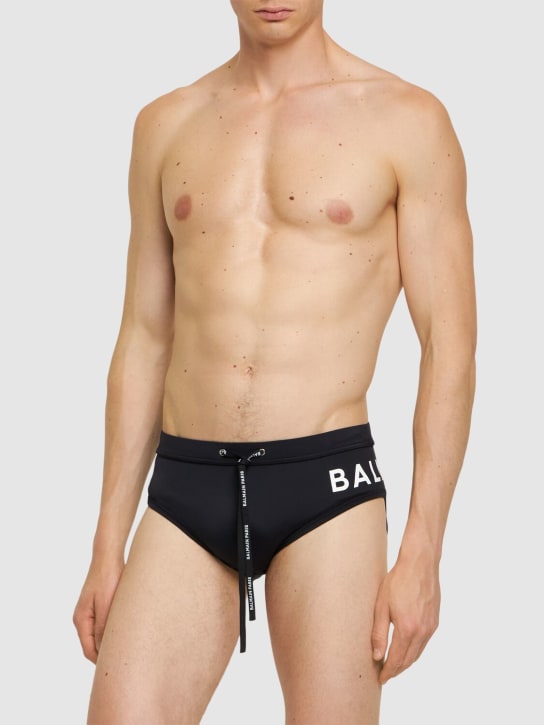 Balmain: Balmain logo弹力科技织物泳裤 - 黑色/白色 - men_1 | Luisa Via Roma