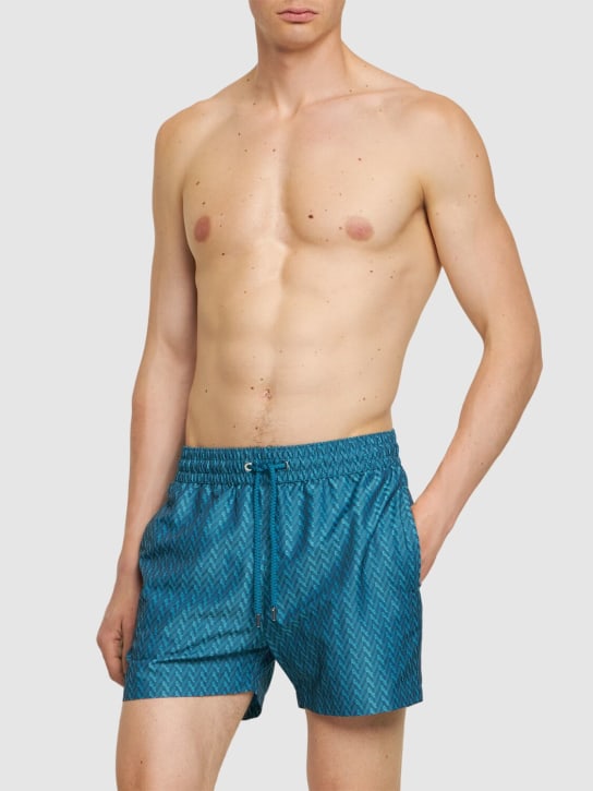 Frescobol Carioca: Schwimmshorts mit Fischgrätmuster-Jacquard - Pfauenblau - men_1 | Luisa Via Roma