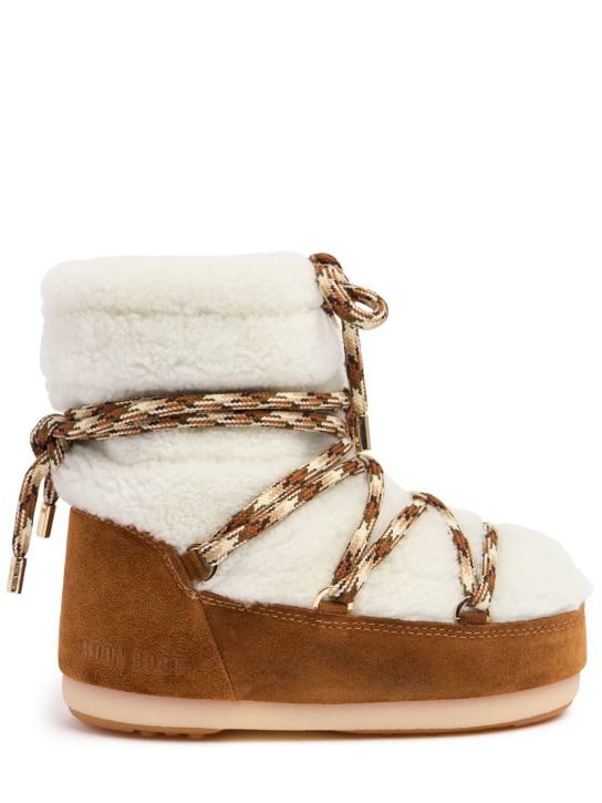 Moon Boot: Low Icon shearling & suede moon boots - Whiskey Offwhit - women_0 | Luisa Via Roma