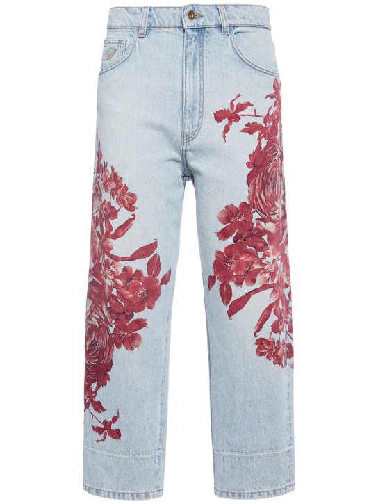 Blumarine: Printed baggy high rise cropped jeans - Blue/Red - women_0 | Luisa Via Roma