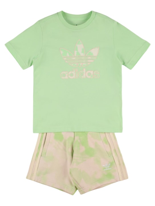 adidas Originals: T-shirt e shorts in cotone con logo - Verde Chiaro - kids-girls_0 | Luisa Via Roma