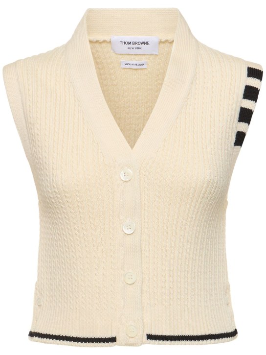 Thom Browne: Baby cable cropped v-neck cardigan vest - Ivory - women_0 | Luisa Via Roma