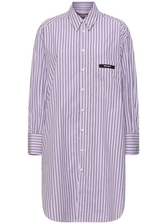 Palm Angels: Vestido camisero de algodón con logo - Púrpura/Blanco - women_0 | Luisa Via Roma