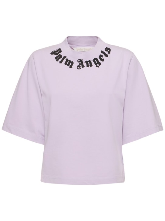 Palm Angels: T-shirt cropped in cotone con logo - Lilla - women_0 | Luisa Via Roma