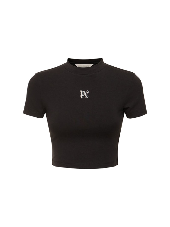 Palm Angels: T-shirt en coton mélangé à monogramme PA - Noir - women_0 | Luisa Via Roma