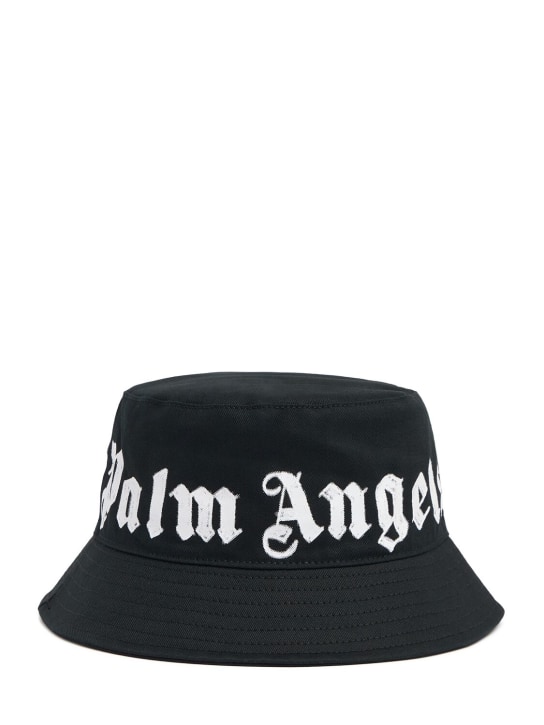 Palm Angels: Neck logo cotton bucket hat - Siyah - men_0 | Luisa Via Roma