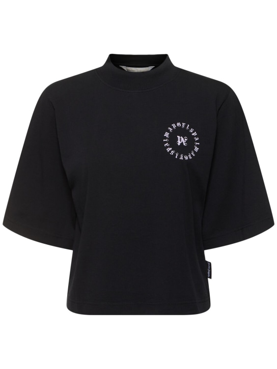 Palm Angels: Bauchfreies T-Shirt aus Baumwolle mit Monogramm - Schwarz - women_0 | Luisa Via Roma