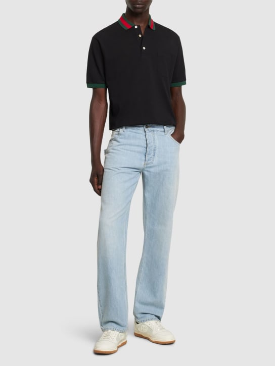 Gucci: Stretch cotton blend polo shirt w/ Web - Black - men_1 | Luisa Via Roma