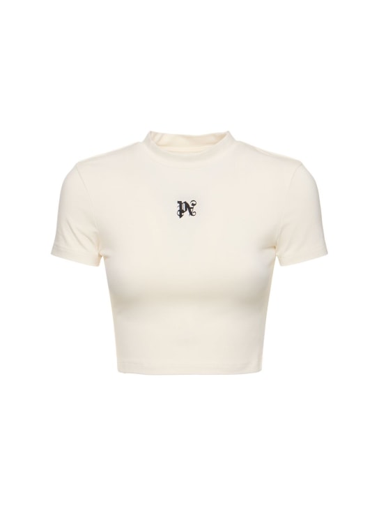 Palm Angels: T-shirt en coton mélangé à monogramme PA - Blanc Cassé - women_0 | Luisa Via Roma