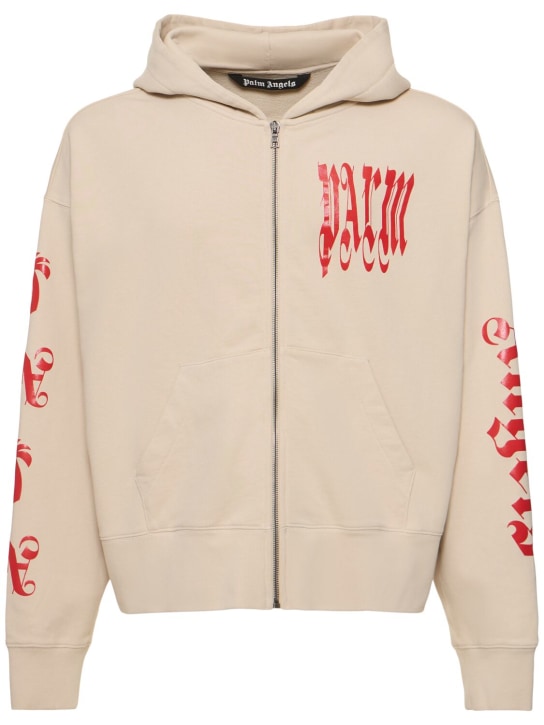 Palm Angels: Gothic logo cotton zip hoodie - Beige - men_0 | Luisa Via Roma