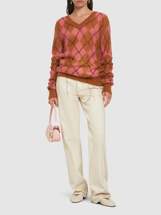 Marni: Mohair blend intarsia v neck sweater - Brown/Pink - women_1 | Luisa Via Roma