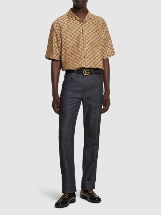 Gucci: Summer GG supreme linen blend shirt - Camel/Ebony - men_1 | Luisa Via Roma