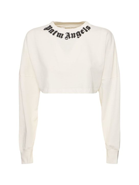 Palm Angels: Crop top in cotone con logo sullo scollo - Off White - women_0 | Luisa Via Roma
