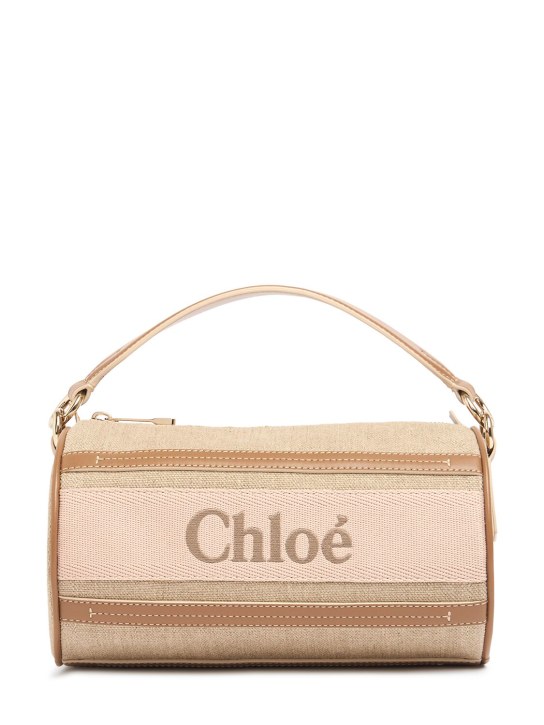 Chloé: Woody linen & leather shoulder bag - Blushy Beige - women_0 | Luisa Via Roma