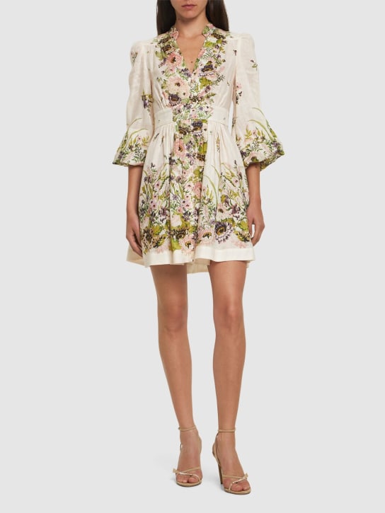 Zimmermann: Halliday linen plunge neck mini dress - Cream/Multi - women_1 | Luisa Via Roma