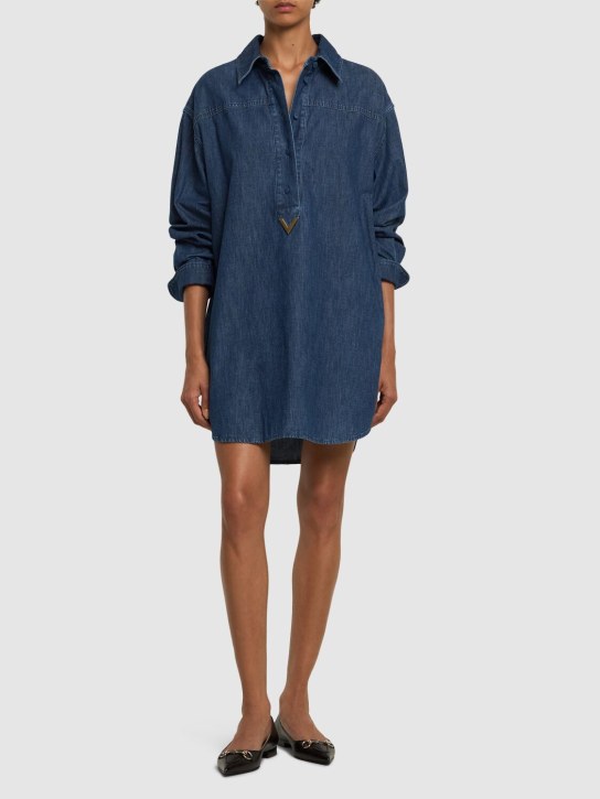 Valentino: Robe chemise courte en denim de coton - Bleu Foncé - women_1 | Luisa Via Roma