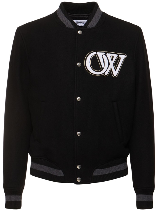 Off-White: Wool blend varsity bomber jacket - Siyah - men_0 | Luisa Via Roma