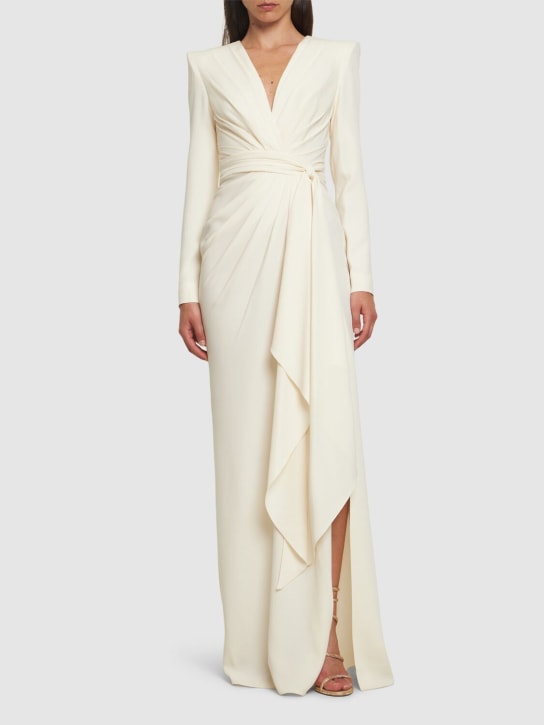 Zuhair Murad: Draped cady v-neck long dress - Beyaz - women_1 | Luisa Via Roma