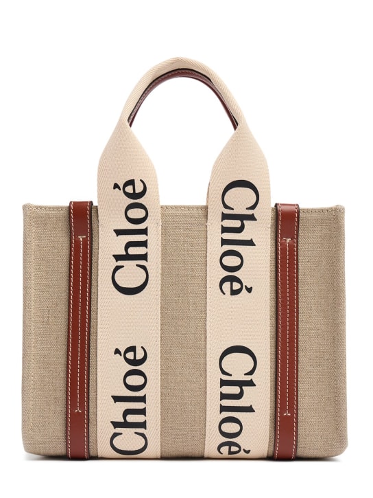 Chloé: Kleine Handtasche aus Canvas „Woody“ - White - Brown 1 - women_0 | Luisa Via Roma