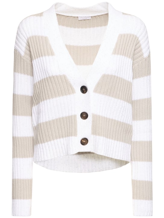 Brunello Cucinelli: Striped cotton blend cardigan - White/Taupe - women_0 | Luisa Via Roma