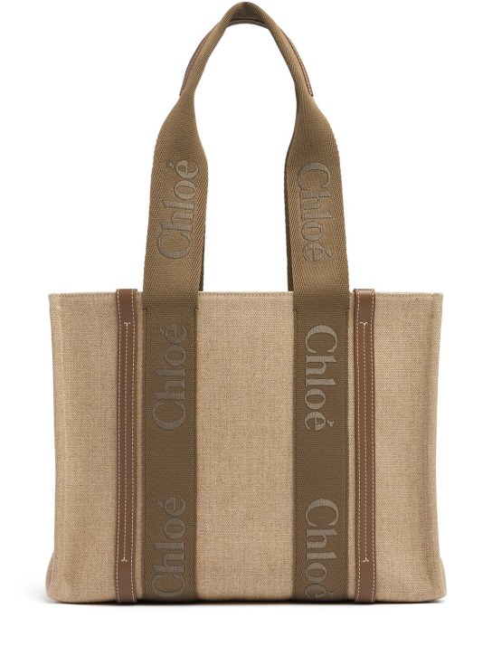 Chloé: Woody linen tote bag - Dark Nut - women_0 | Luisa Via Roma