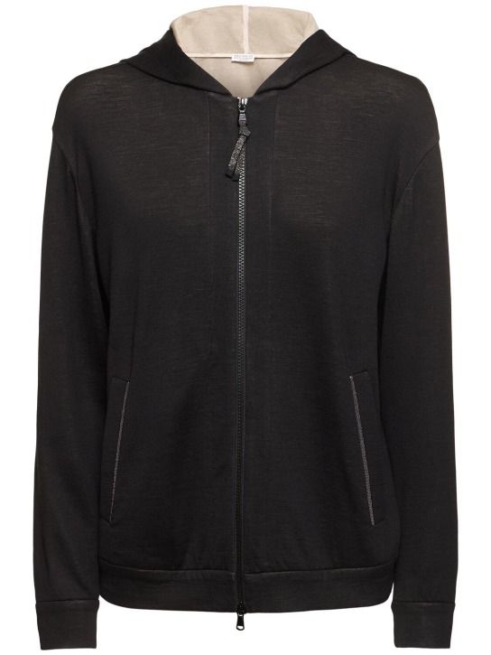 Brunello Cucinelli: Cotton blend jersey sweatshirt hoodie - Siyah - women_0 | Luisa Via Roma