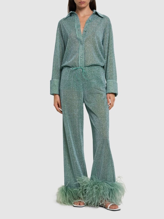 Oséree Swimwear: Lumiere lurex wide pants w/feathers - Light Green - women_1 | Luisa Via Roma