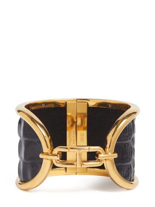 Tom Ford: Embossed leather & brass cuff bracelet - Black - women_0 | Luisa Via Roma