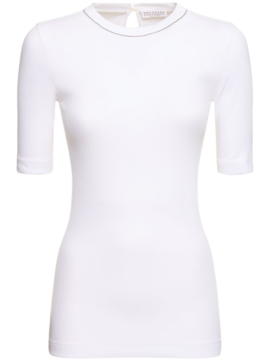 Brunello Cucinelli: 平纹针织3/4袖T恤 - 白色 - women_0 | Luisa Via Roma
