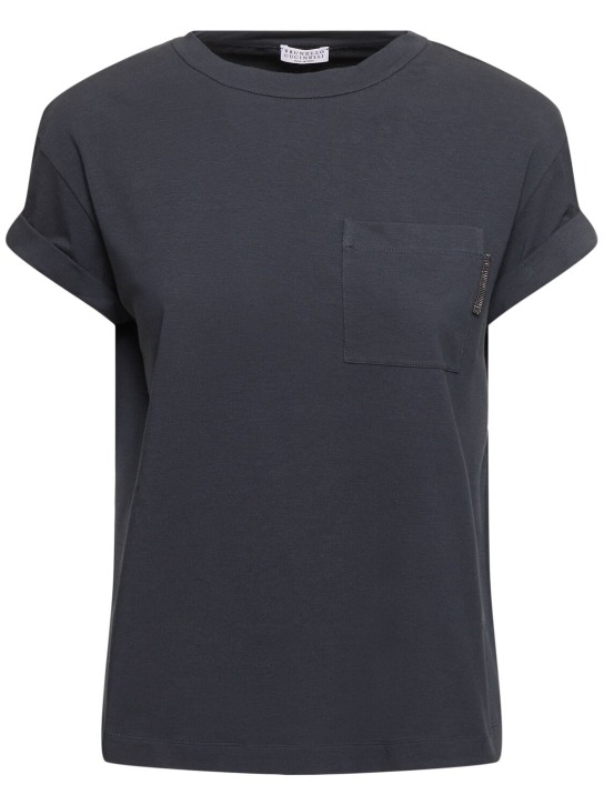 Brunello Cucinelli: T-shirt maniche corte in jersey - Navy - women_0 | Luisa Via Roma