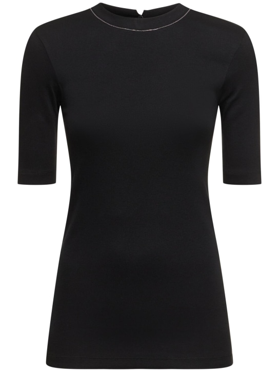 Brunello Cucinelli: 平纹针织3/4袖T恤 - 黑色 - women_0 | Luisa Via Roma