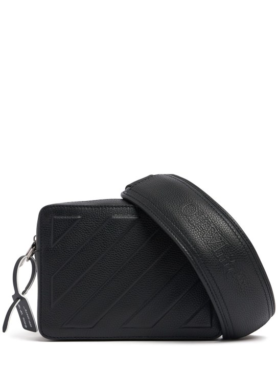 Off-White: Diagonal leather camera bag - Siyah - men_0 | Luisa Via Roma