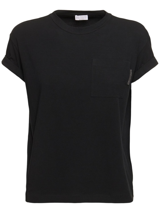 Brunello Cucinelli: 平纹针织短袖T恤 - 黑色 - women_0 | Luisa Via Roma