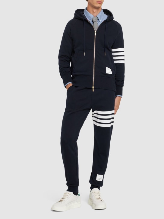 Thom Browne: Zip-up stripes cotton sweatshirt hoodie - Lacivert - men_1 | Luisa Via Roma