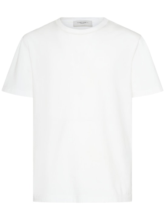 Golden Goose: T-shirt regular en jersey de coton d'aspect usé - Blanc Vintage - men_0 | Luisa Via Roma