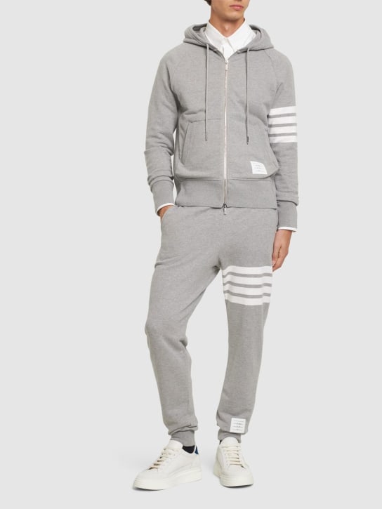 Thom Browne: Zip-up stripes cotton sweatshirt hoodie - Light Grey - men_1 | Luisa Via Roma