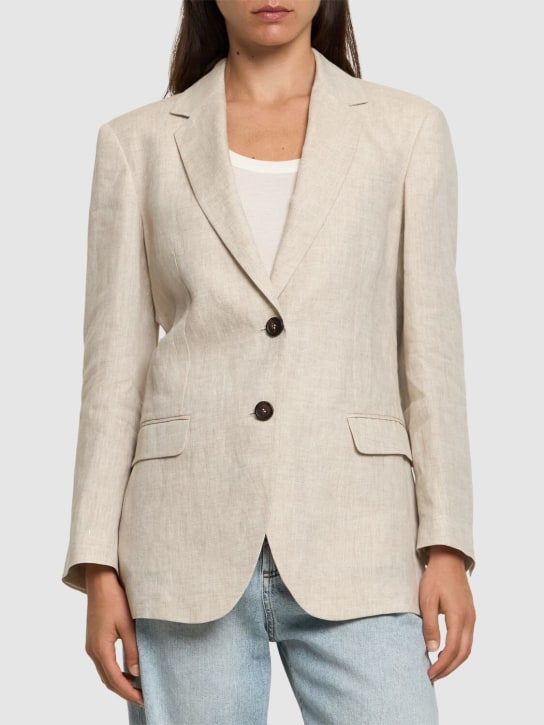 Brunello Cucinelli: 单排扣亚麻夹克 - 浅米黄色 - women_2 | Luisa Via Roma