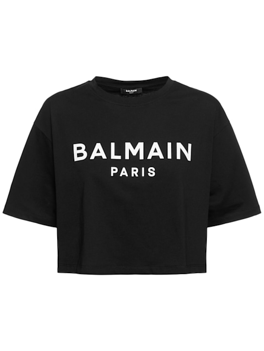 Balmain: Logo print cropped cotton jersey t-shirt - women_0 | Luisa Via Roma
