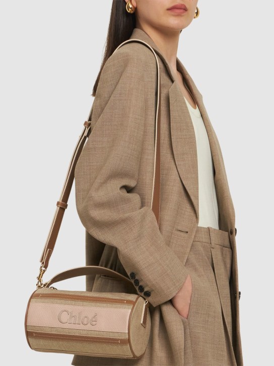 Chloé: Woody linen & leather shoulder bag - Blushy Beige - women_1 | Luisa Via Roma
