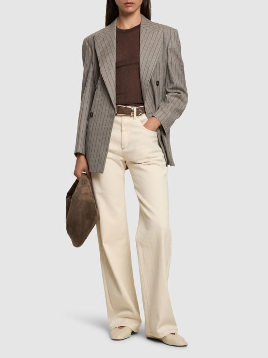 Brunello Cucinelli: 条纹双排扣夹克 - 灰褐色/棕色 - women_1 | Luisa Via Roma