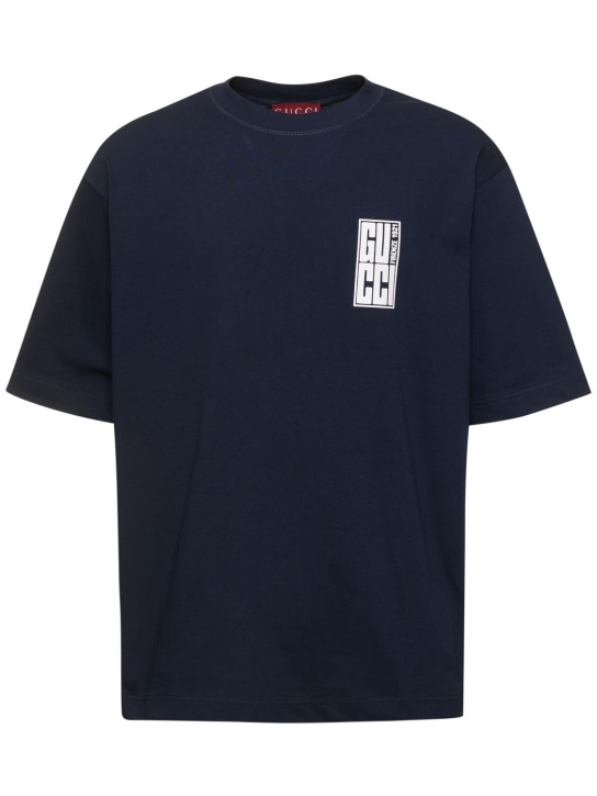 Gucci: Logo细节厚重棉质T恤 - 海军蓝 - men_0 | Luisa Via Roma