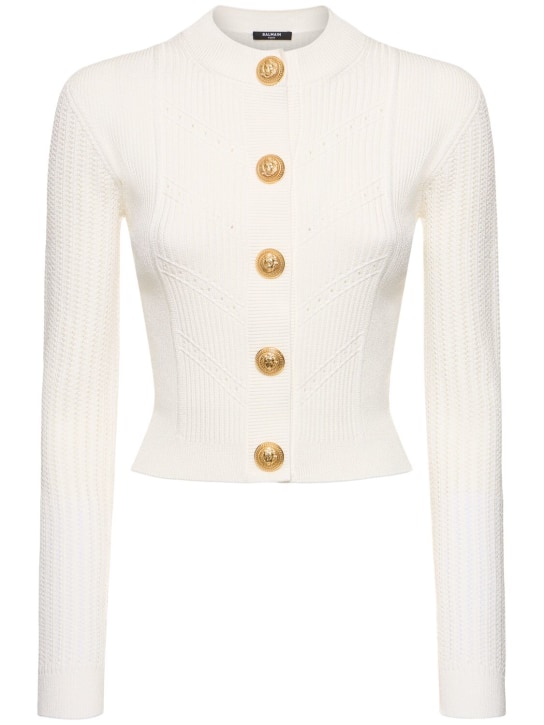 Balmain: Cropped viscose blend knit cardigan - women_0 | Luisa Via Roma