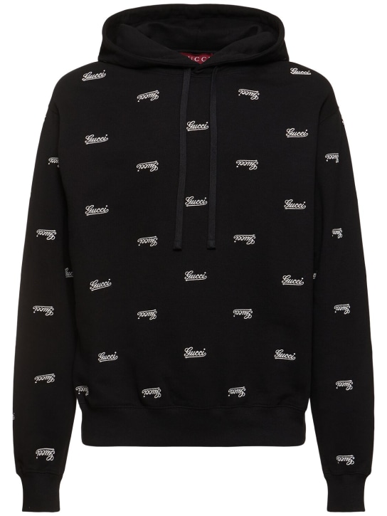 Gucci: Logo cotton jersey hoodie - Black - men_0 | Luisa Via Roma