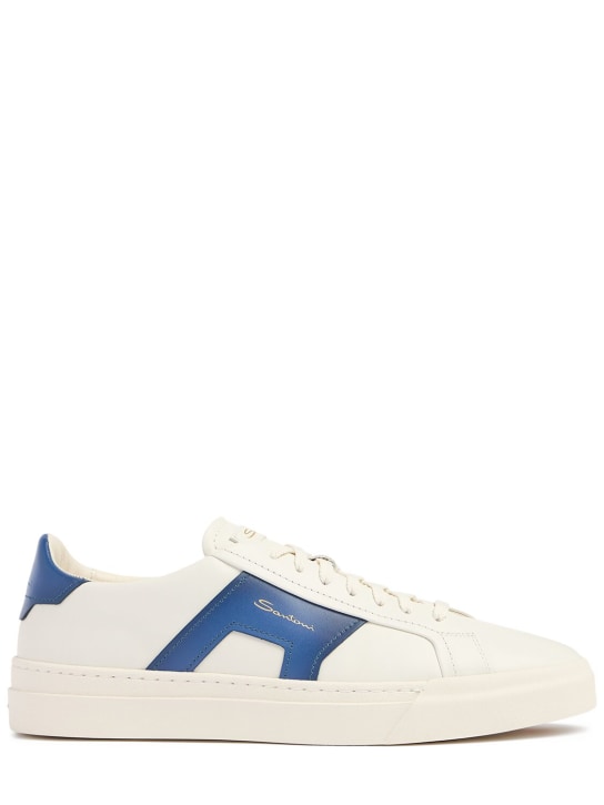 Santoni: Leather low top sneakers - White/Blue - men_0 | Luisa Via Roma
