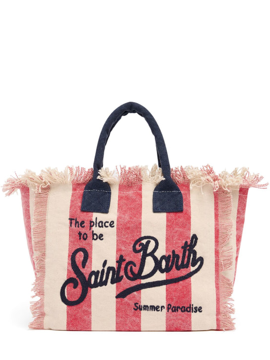 Mc2 Saint Barth: Logo print striped cotton handbag - Kırmızı/Beyaz - kids-girls_0 | Luisa Via Roma